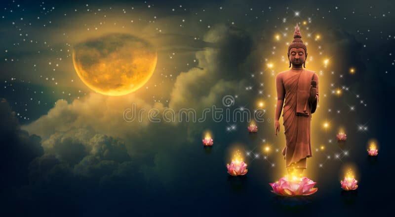 Buddha standing on a lotus in the sky at night The big moon is the background vector illustration