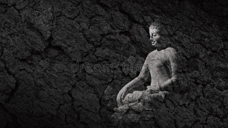 Buddha-Statue auf einer Teakholzrinde-Textur lizenzfreie stockbilder
