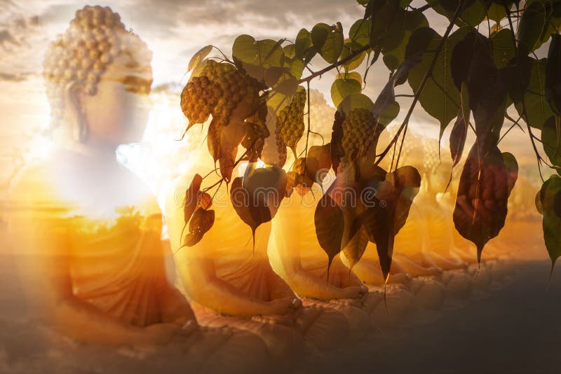 Buddha statue with double exposure beautiful sunset on silhouette bodhi leaf. Buddha statue with double exposure beautiful sunset on silhouette bodhi leaf royalty free stock photos Buddha statue with double exposure beautiful sunset on silhouette bodhi leaf. Buddha statue with double exposure beautiful sunset on silhouette bodhi leaf royalty free stock photos