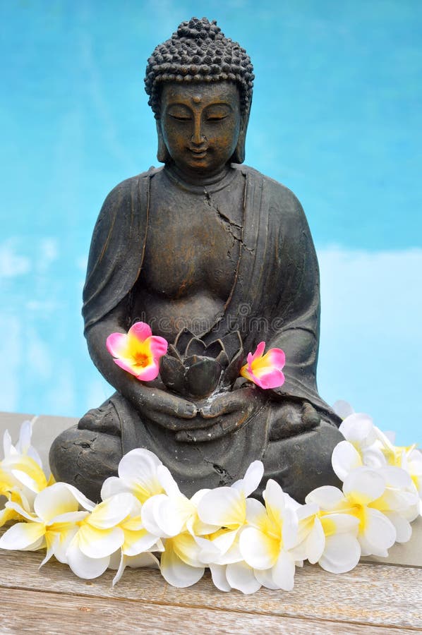  Buddha  Statue With Flowers  By Pool Stock Image Image 