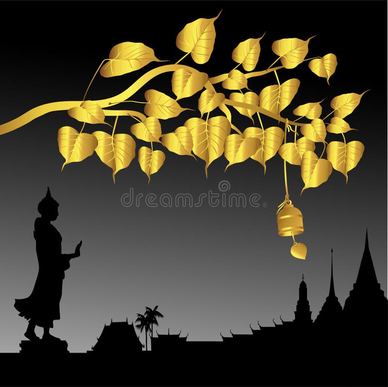 Buddha statue and Gold Bodhi tree with Golden bell of thai tradition