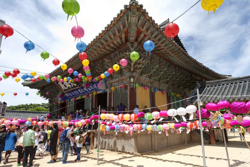 Gyeongiu, South Korea - May 17, 2013: People are visiting the Bulguksa Temple where hanging lanterns for celebrating the Buddhas birthday, Gyeongiu, South Korea. Buddhaâ€™s birthday is major event on the Lunar calendar in Korea. Gyeongiu, South Korea - May 17, 2013: People are visiting the Bulguksa Temple where hanging lanterns for celebrating the Buddhas birthday, Gyeongiu, South Korea. Buddhaâ€™s birthday is major event on the Lunar calendar in Korea.