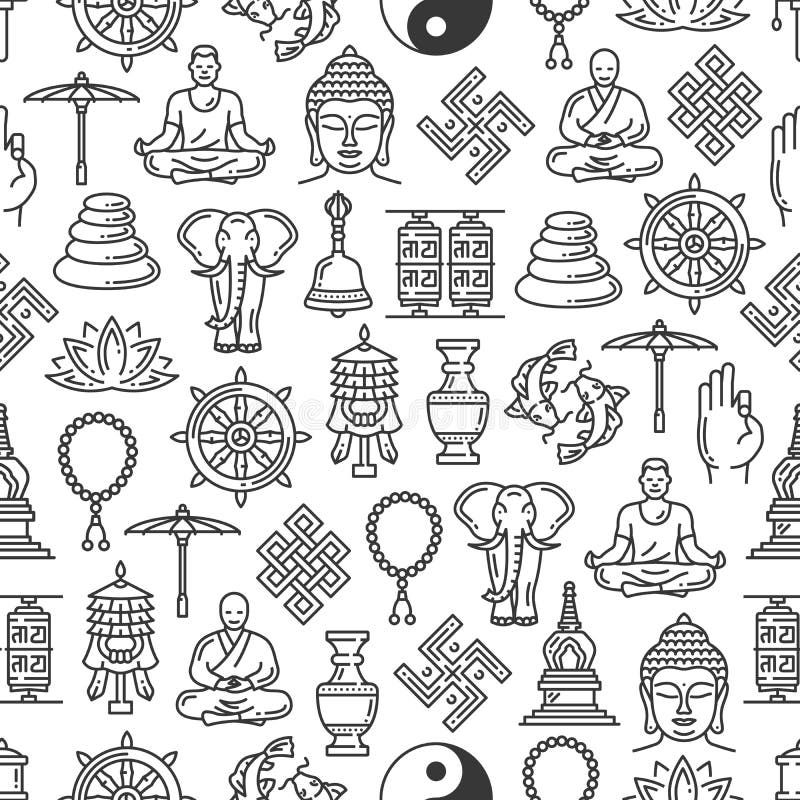 Buddhism seamless pattern, outline vector symbols on white background. Zen meditation and religious Buddha, monk and mudra, Yin Yang or Dharma wheel, temple drum, elephant and Buddhist beads, swastika. Buddhism seamless pattern, outline vector symbols on white background. Zen meditation and religious Buddha, monk and mudra, Yin Yang or Dharma wheel, temple drum, elephant and Buddhist beads, swastika