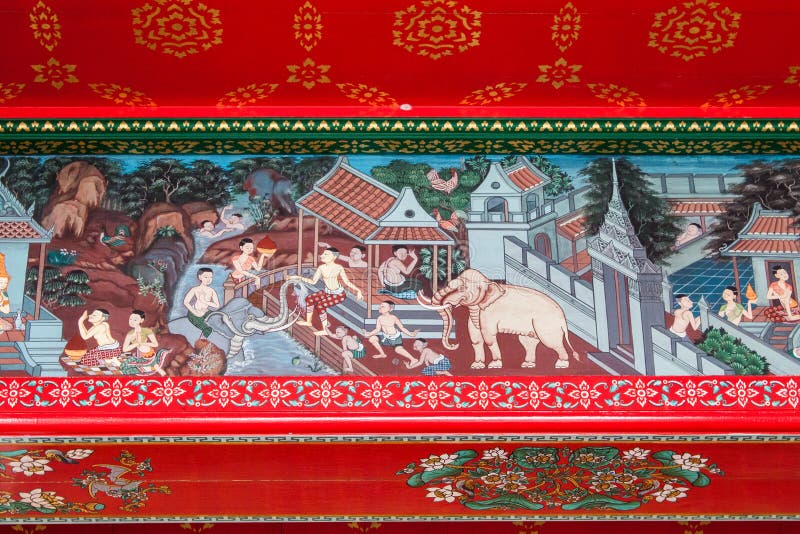 Buddhist art paint style in public temple of thailand