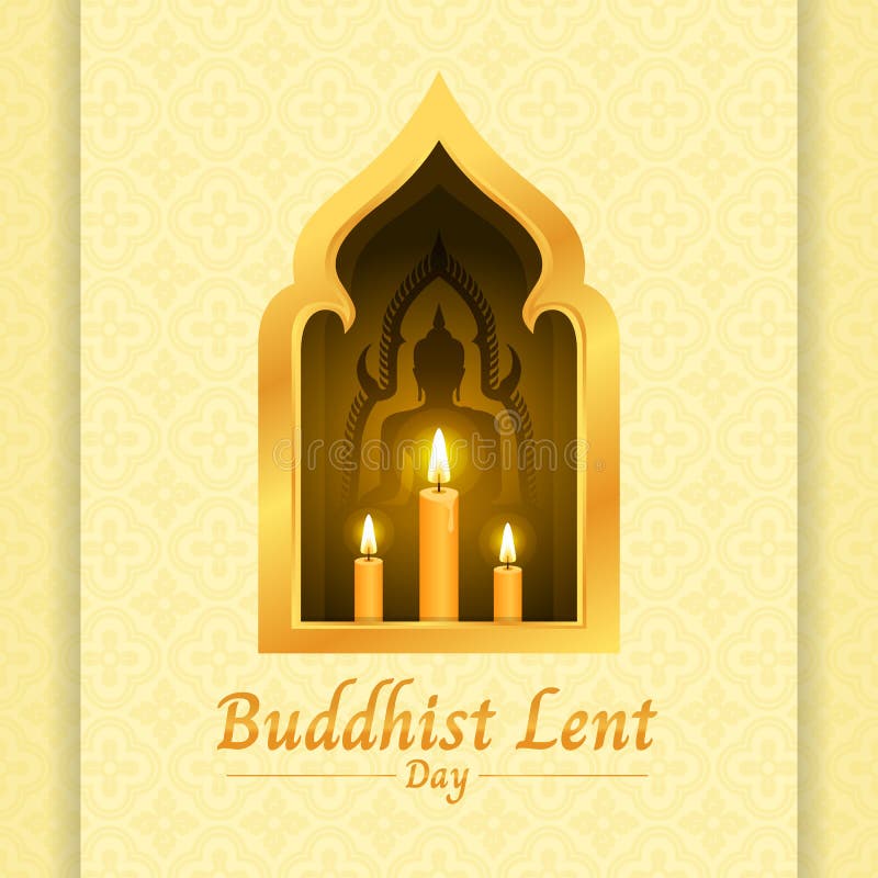 Buddhist lent day banner with yellow candle light and Buddha sign in gold window on soft yellow texture background vector design vector illustration Buddhist lent day banner with yellow candle light and Buddha sign in gold window on soft yellow texture background vector design vector illustration