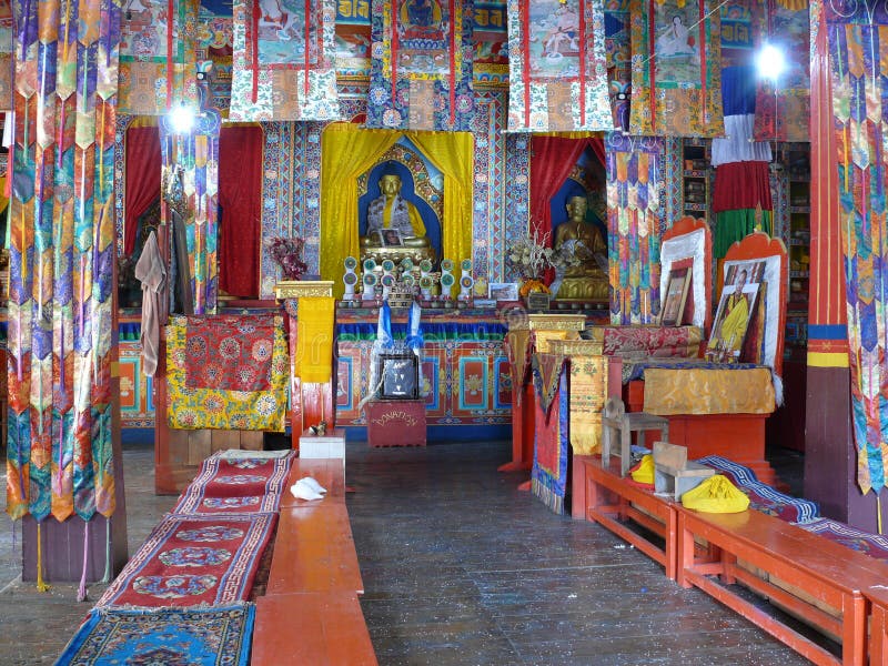 Colorful Interior of Buddhist Monastery in Ngawal, Annapurna Trek, Nepal royalty free stock image