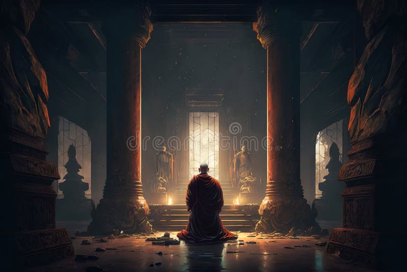 Buddhist monk kneels inside old dark temple and worships holy, generative AI