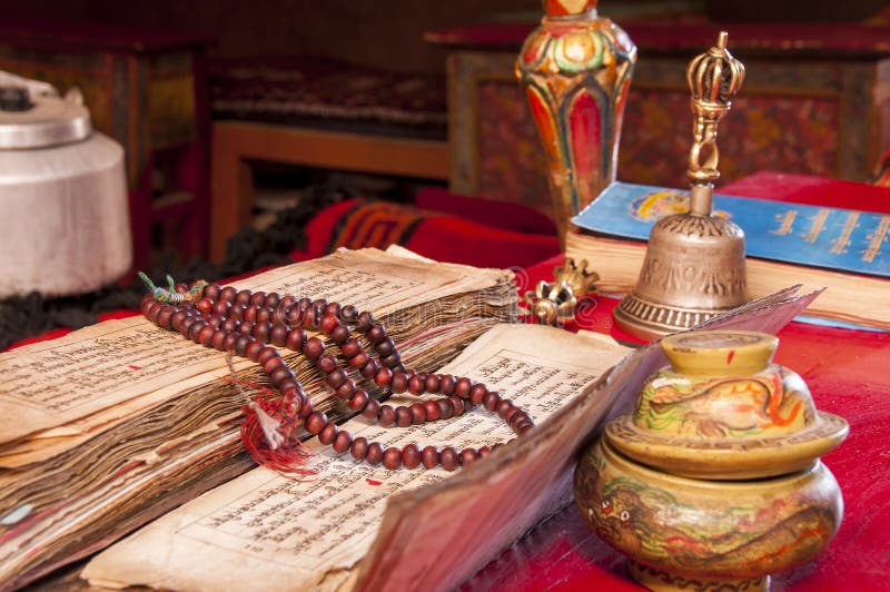 Buddhist religious Vajra, Japa Mala and bell