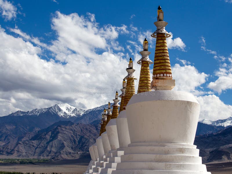 Buddhist stupa and Himalayas mountains. Shey Palace in Ladakh, India