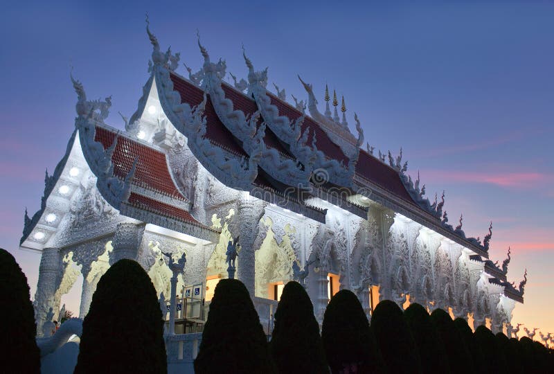 Buddhist temple in Chinese style at Wat Huay Pla Kang, known as Big Buddha temple on sunset in Chiangrai, Chiang Rai province