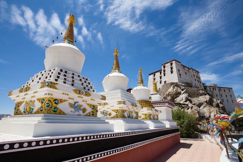 Buddhist white stupa and blue sky . Thiksey Monastery, Leh , Ladakh, India