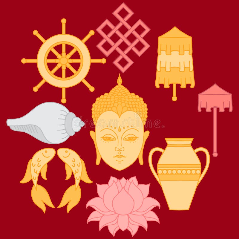 Buddhistischer Symbolismus, die 8 günstigen Symbole von Buddhismus, Recht-aufgerolltes weißes Tritonshorn, kostbarer Regenschirm, stock abbildung Buddhistischer Symbolismus, die 8 günstigen Symbole von Buddhismus, Recht-aufgerolltes weißes Tritonshorn, kostbarer Regenschirm, stock abbildung