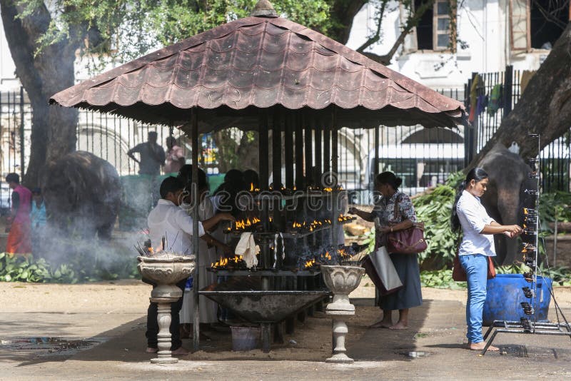 Buddisten vallfärdar ljusa olje- lampor inom templet av det sakrala tandrelikkomplexet i Kandy i Sri Lanka arkivfoto Buddisten vallfärdar ljusa olje- lampor inom templet av det sakrala tandrelikkomplexet i Kandy i Sri Lanka arkivfoto
