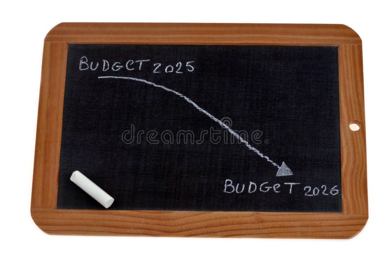 Concept of budget decrease 2026 vs 2025 with a graph on a school slate. Decrease arrow fall stock images, royalty-free photos and pictures