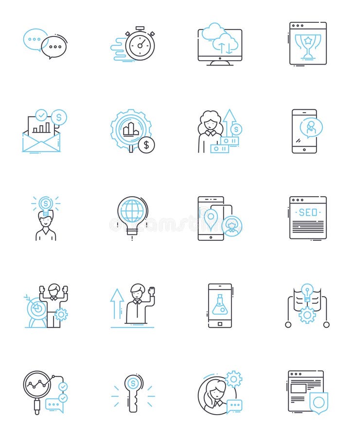 Budget forecasting linear icons set. Projections, Estimates, Forecasts, Planning, Budgeting, Analytics, Metrics line vector illustration