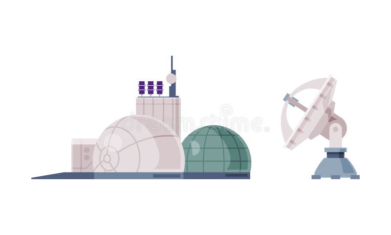 Budowa obserwatorium i antena satelitarna. ilustracja wektora eksploracji kosmosu royalty ilustracja