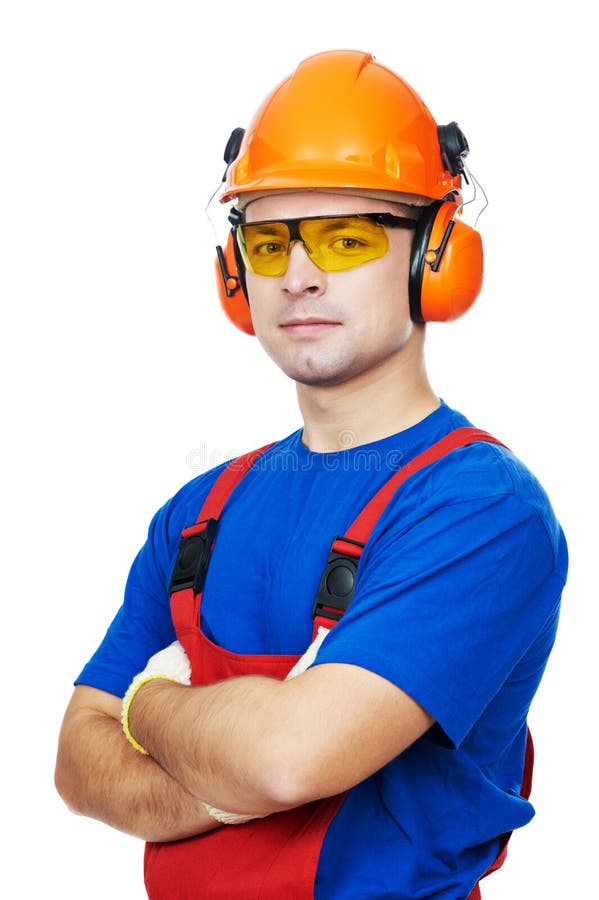 Portrait of young builder in protective safety equipment goggles hard hat earmuffs isolated. Portrait of young builder in protective safety equipment goggles hard hat earmuffs isolated