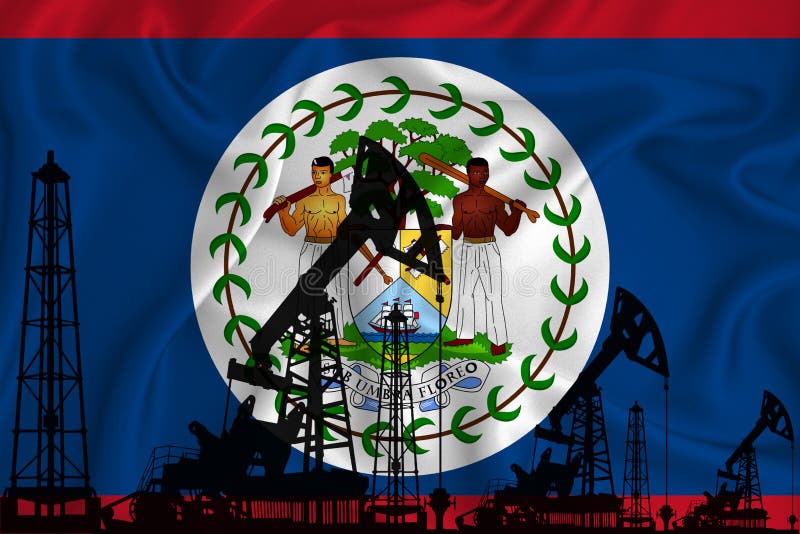 Budująca flagę belize. sylwetka platform wiertniczych i platform wiertniczych na tle bandery. przemysł naftowy i gazowy. koncepcji ilustracja wektor
