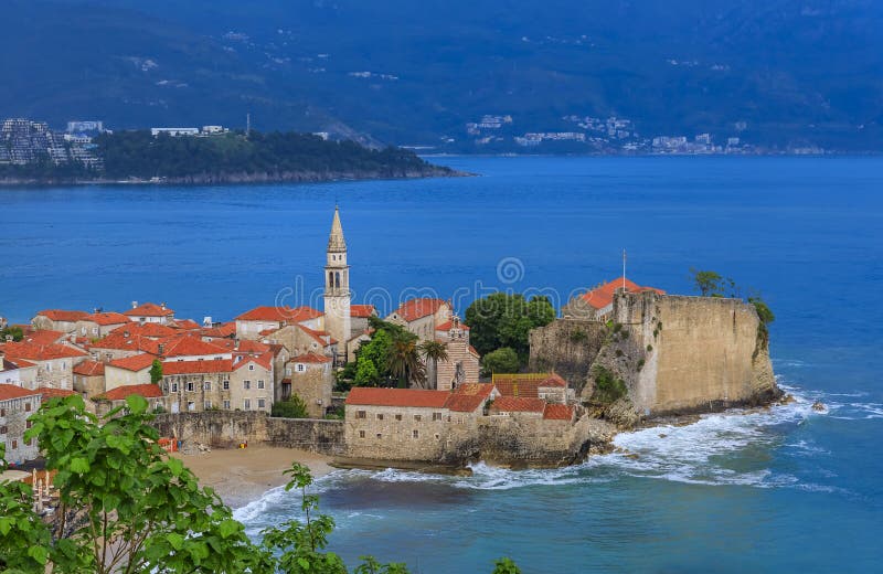 Budva Old Town with the Citadel and the Adriatic Sea in Montenegro at sunset