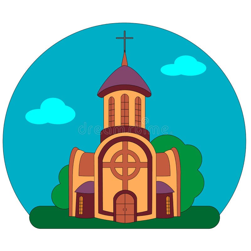Budynek monaster na tle krajobraz lub kościół lata niebieskie niebo, zielona trawa i drzewa w ilustracji Budynek monaster na tle krajobraz lub kościół lata niebieskie niebo, zielona trawa i drzewa w ilustracji