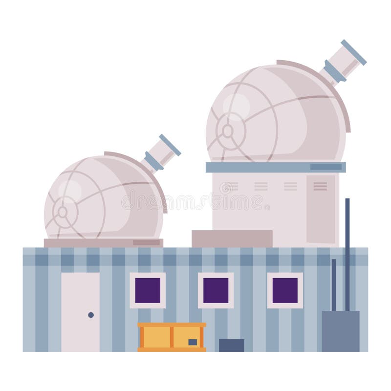 Budynek obserwatorium z teleskopem w kopule eksploruje i obserwuje wektor płaski w stylu galaktyk i technologii kosmicznych ilustracji