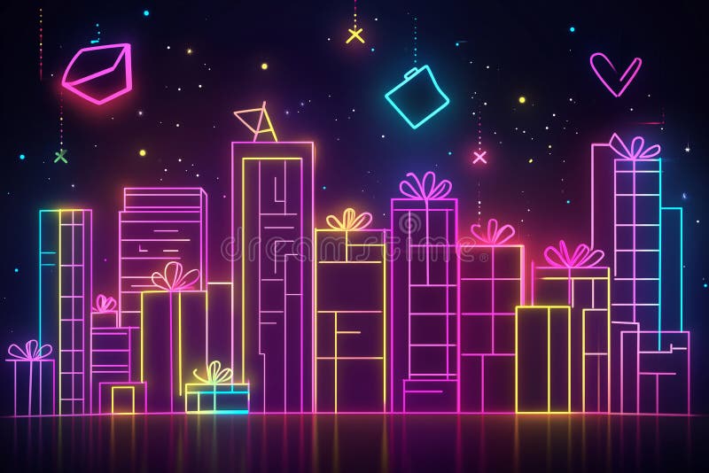 Budynki miejskie i pudełka na prezent. błyszczący kształt neonu. generatywny ai royalty ilustracja