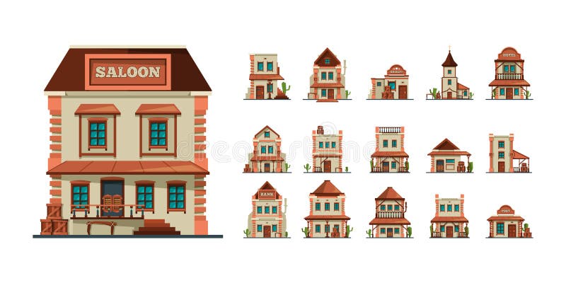 Western buildings. Wildlife west construction saloon country market banks american old houses vector flat style pictures. Illustration western saloon and architecture west american. Western buildings. Wildlife west construction saloon country market banks american old houses vector flat style pictures. Illustration western saloon and architecture west american