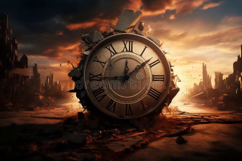 An alarm clock heralds a doomsday climax while depicting the apocalyptic cataclysm marking the deadline of the end of time's final countdown, Generative AI stock illustration image. An alarm clock heralds a doomsday climax while depicting the apocalyptic cataclysm marking the deadline of the end of time's final countdown, Generative AI stock illustration image
