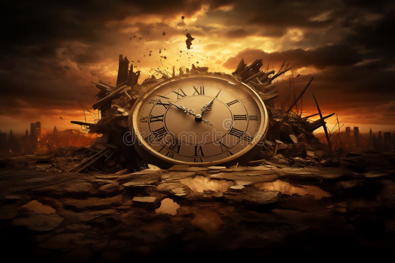 An alarm clock heralds a doomsday climax while depicting the apocalyptic cataclysm marking the deadline of the end of time's final countdown, Generative AI stock illustration image. An alarm clock heralds a doomsday climax while depicting the apocalyptic cataclysm marking the deadline of the end of time's final countdown, Generative AI stock illustration image