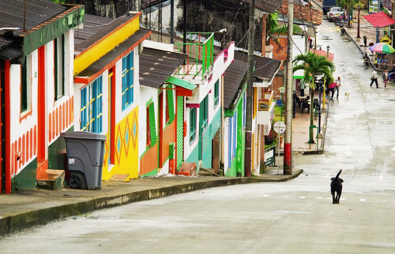 BUENAVISTA, COLOMBIA - MAY 14, 2019: Street scene in Buenavista - Antioquia, famous village in Colombia for its coffee culture.
