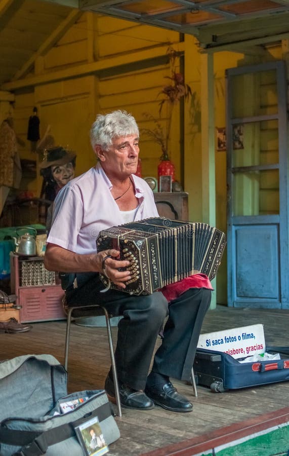 BUENOS AIRES, ARGENTINA - il 24 febbraio: Bandoneonist di Boca della La, st fotografia stock BUENOS AIRES, ARGENTINA - il 24 febbraio: Bandoneonist di Boca della La, st fotografia stock