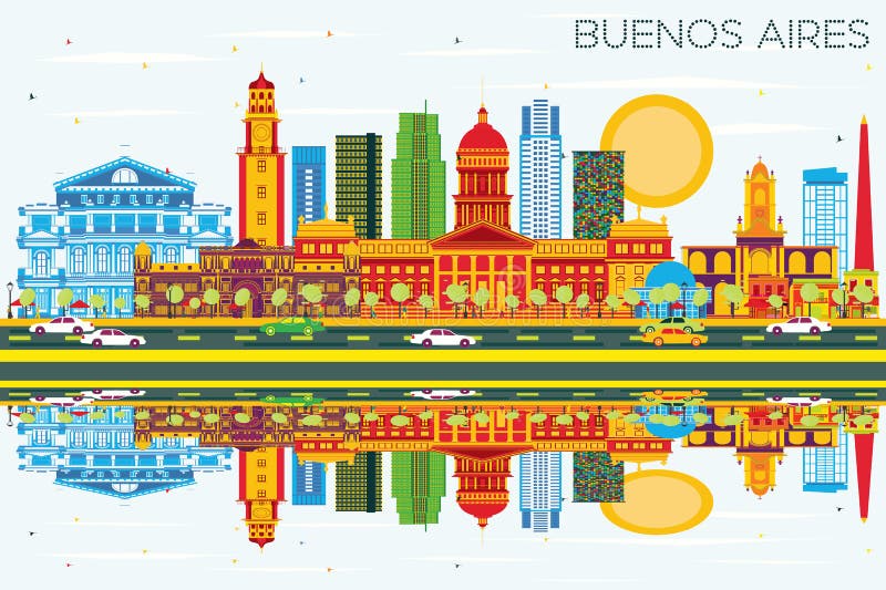 Buenos Aires linia horyzontu z kolorów punktami zwrotnymi, niebieskie niebo ilustracja wektor Buenos Aires linia horyzontu z kolorów punktami zwrotnymi, niebieskie niebo ilustracja wektor