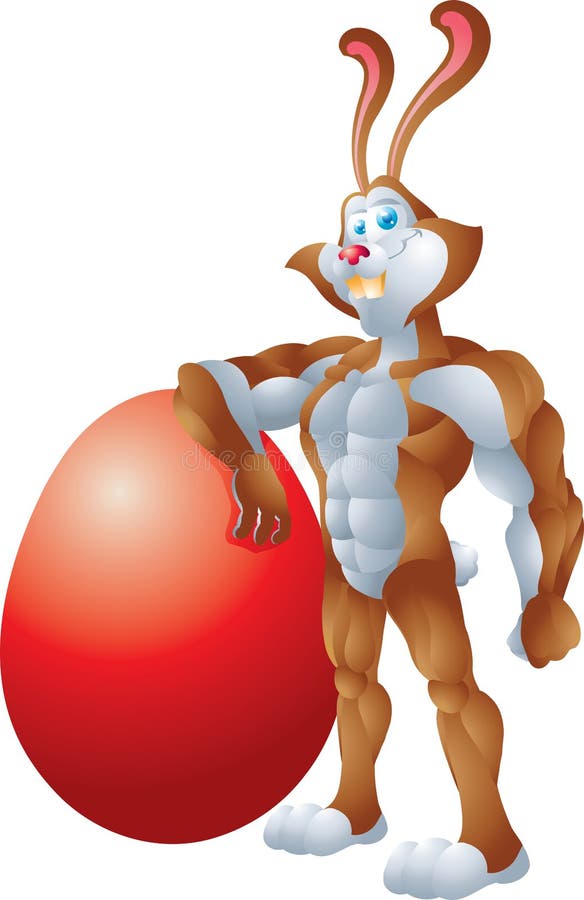 Buff rabbit leaning on giant egg