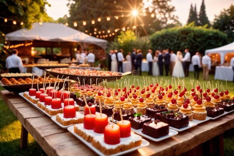 Buffert catering av händelse av söta dessertdiskar för utomhusfestsbröllopsmat stock illustrationer