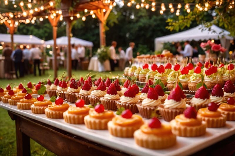 Buffert catering av händelse av söta dessertdiskar för utomhusfestsbröllopsmat vektor illustrationer