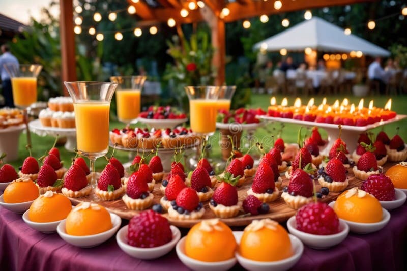 Buffert catering av händelse av söta dessertdiskar för utomhusfestsbröllopsmat stock illustrationer