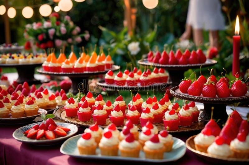 Buffert catering av händelse av söta dessertdiskar för utomhusfestsbröllopsmat royaltyfri illustrationer