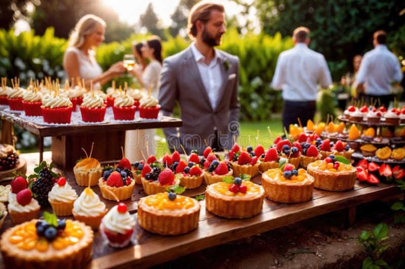 Buffert catering av händelse av söta dessertdiskar för utomhusfestsbröllopsmat royaltyfri illustrationer