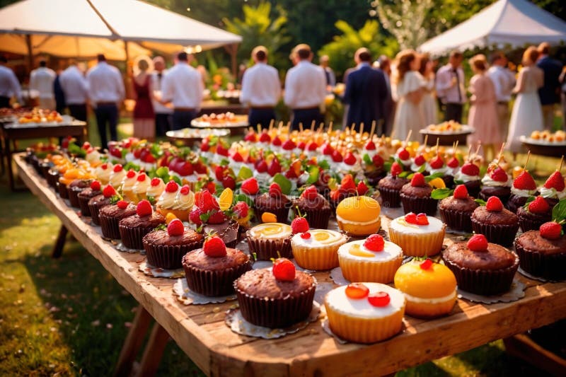 Buffert catering av händelse av söta dessertdiskar för utomhusfestsbröllopsmat stock illustrationer