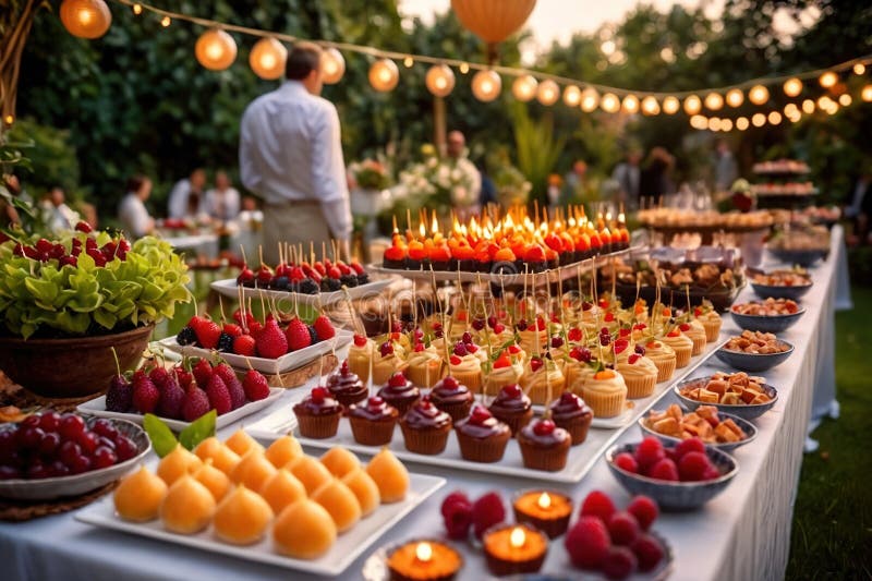 Buffert catering av händelse av söta dessertdiskar för utomhusfestsbröllopsmat royaltyfri illustrationer
