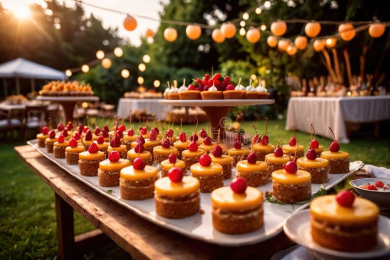 Buffert catering av händelse av söta dessertdiskar för utomhusfestsbröllopsmat vektor illustrationer
