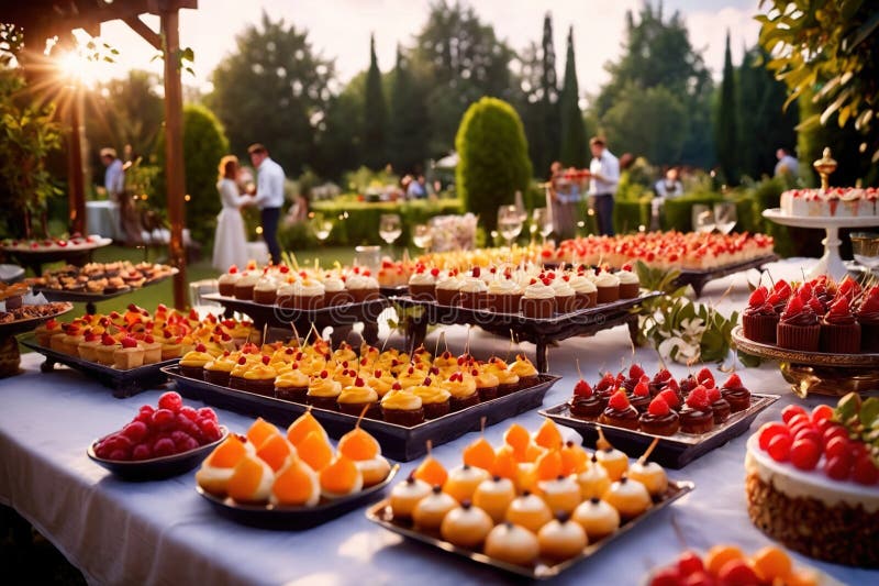 Buffert catering av händelse av söta dessertdiskar för utomhusfestsbröllopsmat stock illustrationer