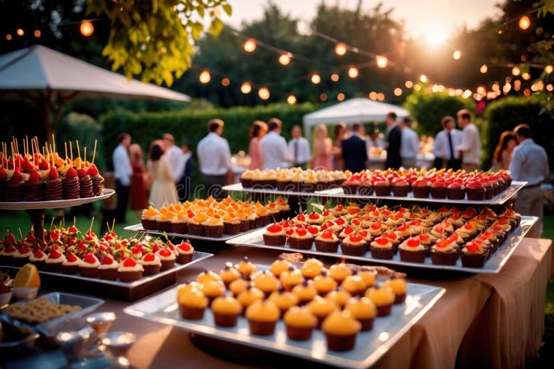 Buffert catering av händelse av söta dessertdiskar för utomhusfestsbröllopsmat vektor illustrationer