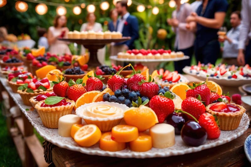 Buffert catering av händelse av söta dessertdiskar för utomhusfestsbröllopsmat royaltyfri illustrationer