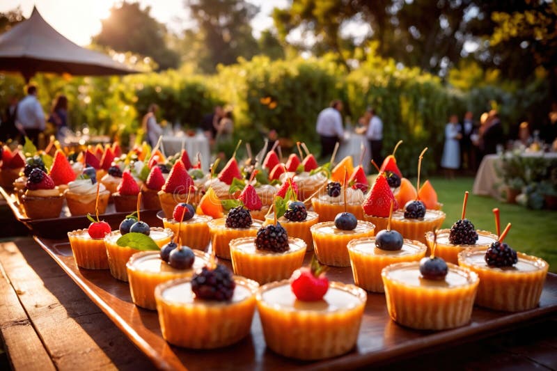 Buffert catering av händelse av söta dessertdiskar för utomhusfestsbröllopsmat royaltyfri illustrationer
