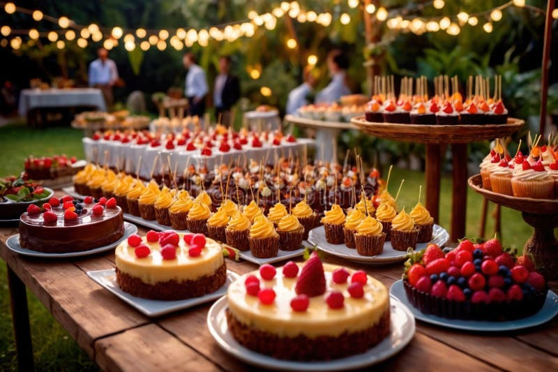 Buffert catering av händelse av söta dessertdiskar för utomhusfestsbröllopsmat vektor illustrationer