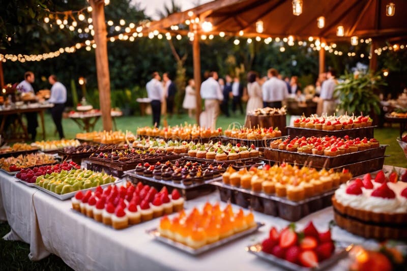 Buffert catering av händelse av söta dessertdiskar för utomhusfestsbröllopsmat stock illustrationer