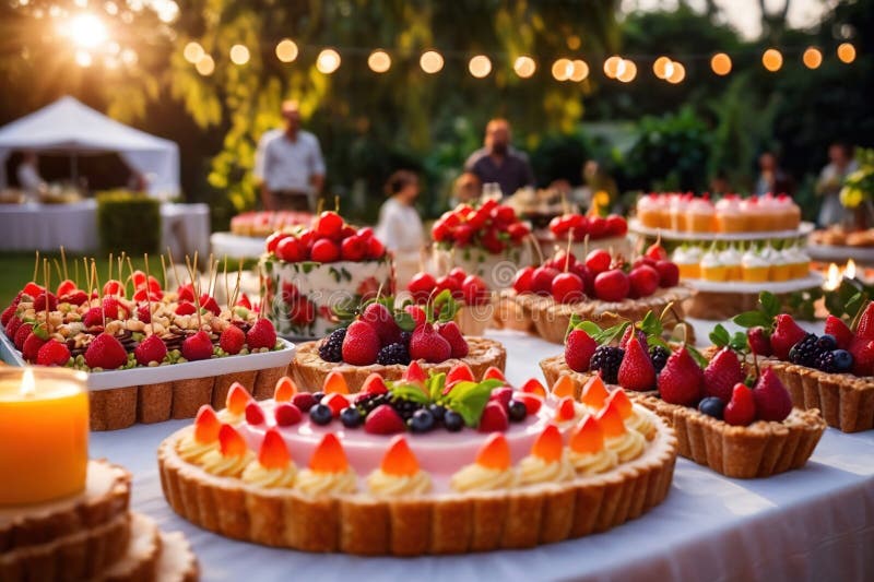 Buffert catering av händelse av söta dessertdiskar för utomhusfestsbröllopsmat royaltyfri illustrationer