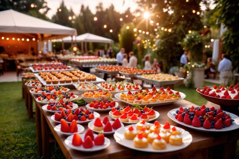 Buffert catering av händelse av söta dessertdiskar för utomhusfestsbröllopsmat stock illustrationer