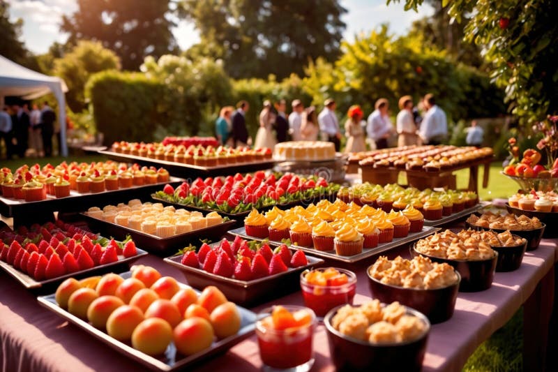 Buffert catering av händelse av söta dessertdiskar för utomhusfestsbröllopsmat royaltyfri illustrationer